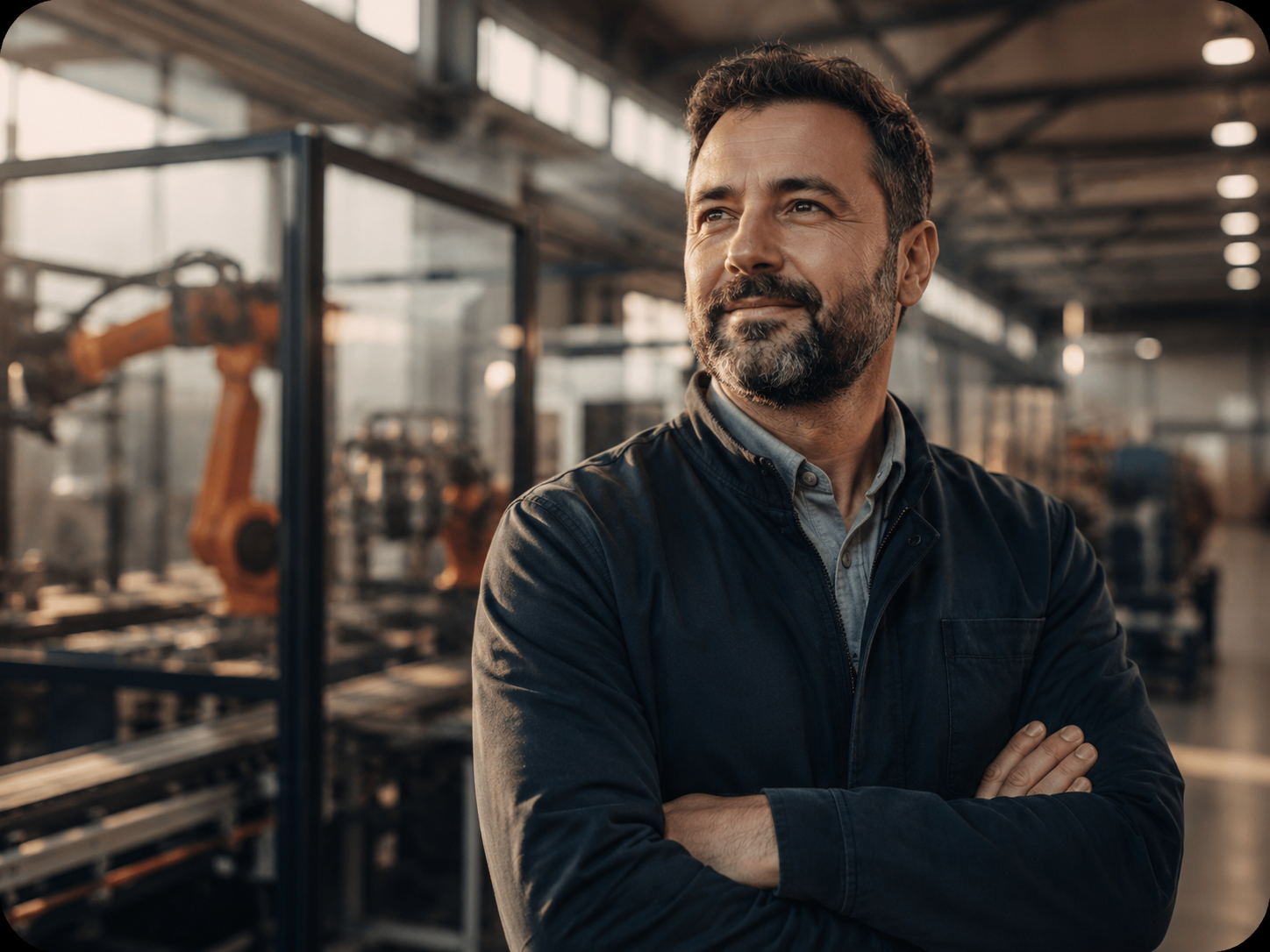 Industrial em uma fábrica com braço robótico ao fundo
